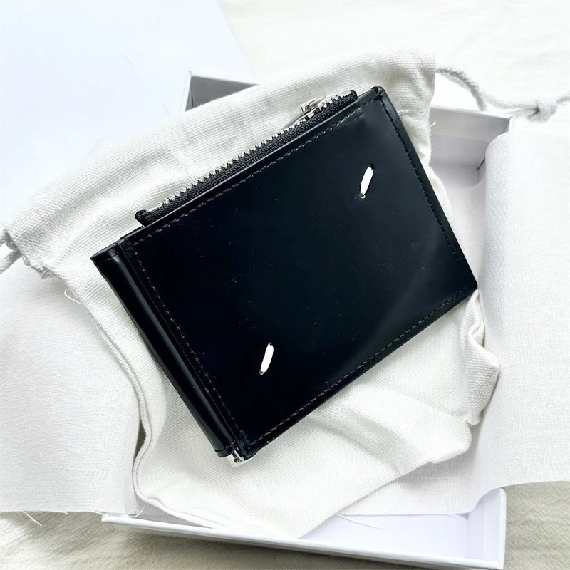 Classic Black Glossy First-layer Cowhide Card Bag, Card Clip, Dollar Clip Design, Genuine Leather Change Bag.