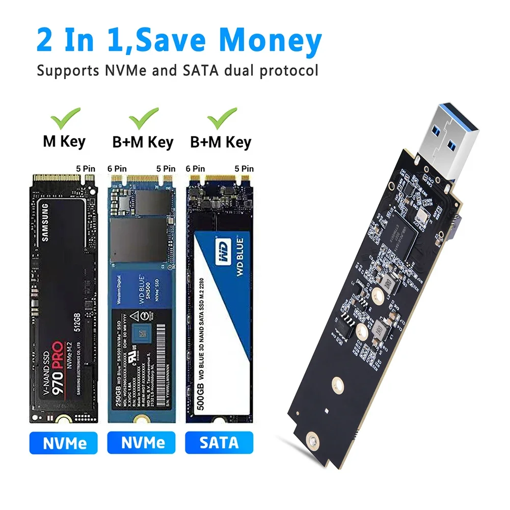 

Адаптер M.2 SSD SATA/NVMe к USB 3.1 B+M Key/M Key M2 к USB 3.1 SSD Riser Card Плата Внешний корпус Адаптер жесткого диска