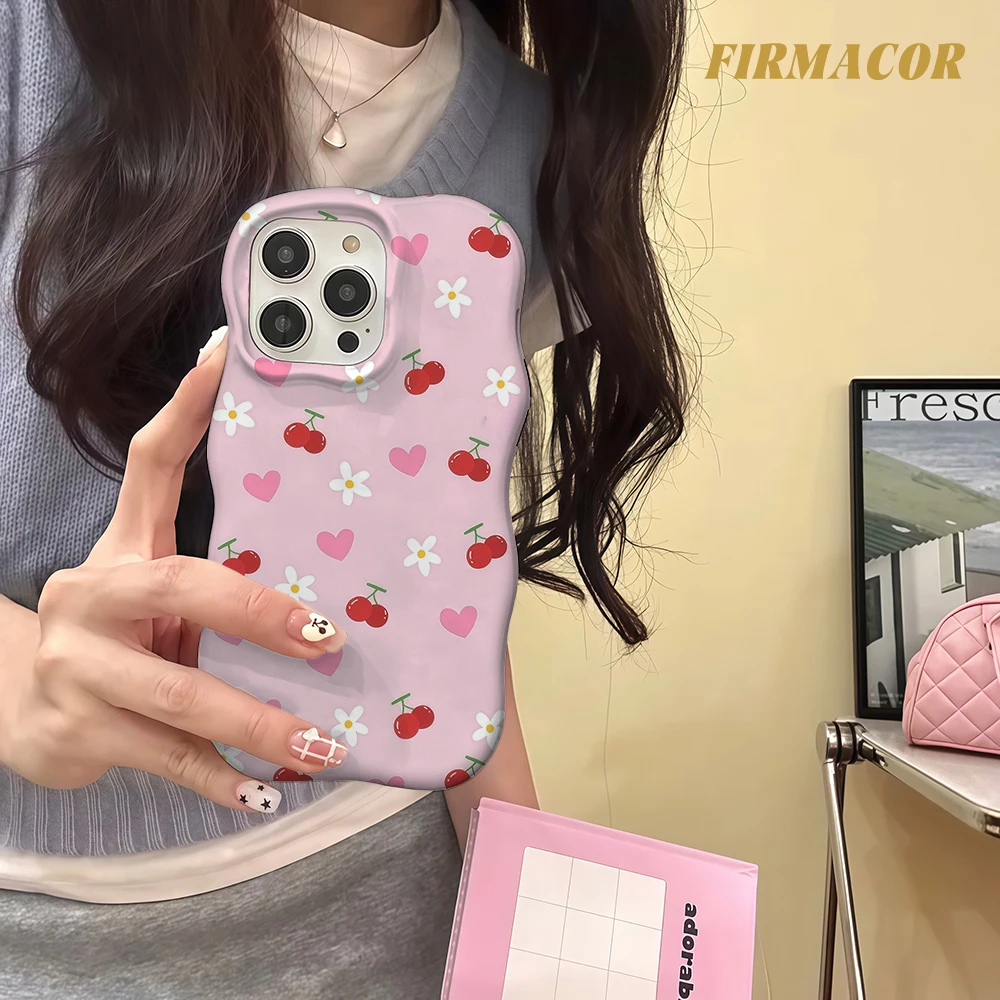 Luxury Wave Cherry & Heart Double Layer Phone Case For iPhone 17 Air 16 15 14 13 12 11 Pro Max Full Protection Case