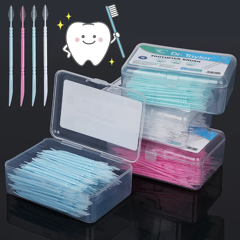 

300pcs/box Toothpick Brush Double-ended Fish Bone Shaped Disposable Plastic Household Dental Floss Interdental Brush