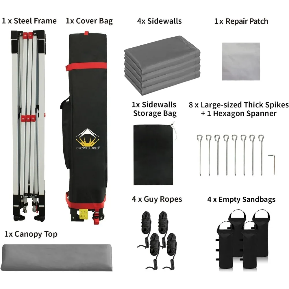 مظلة فورية تجارية مقاس 10 × 10 مع قفل مركزي و4 جدران جانبية - رمادي
