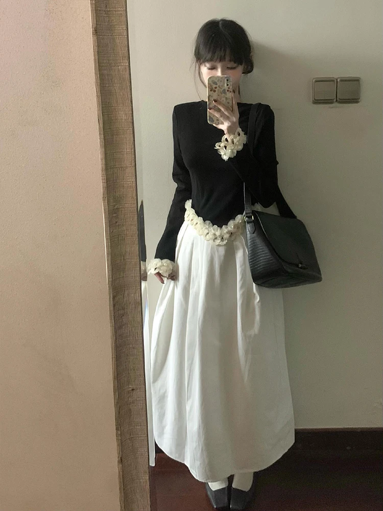 تي شيرت نسائي بأكمام طويلة من الدانتيل اللؤلؤي بتصميم قصير ملابس داخلية راقية وفريدة من نوعها للخريف والشتاء موضة للتنقل بقصة...