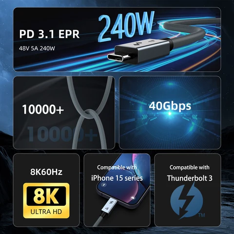 UGOURD USB C-C Thunderbolt 4 Кабель 40 Гбит/с, 240 Вт для Быстрой Зарядки и Синхронизации — фото устройства