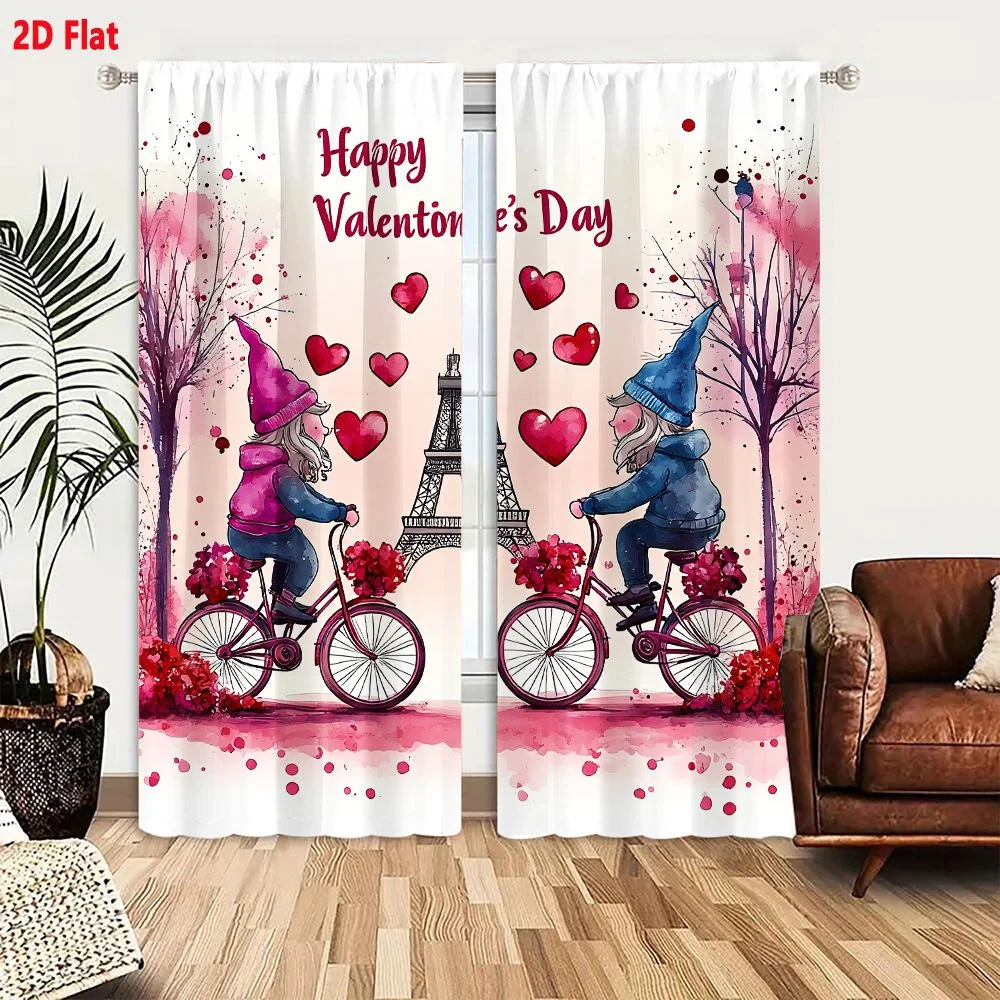 2Pcs Curtains 2D Flat Romantic Watercolor Gnomes Riding Bicycles In Paris With Eiffel Tower And Red Roses For Valentine's Day Wi