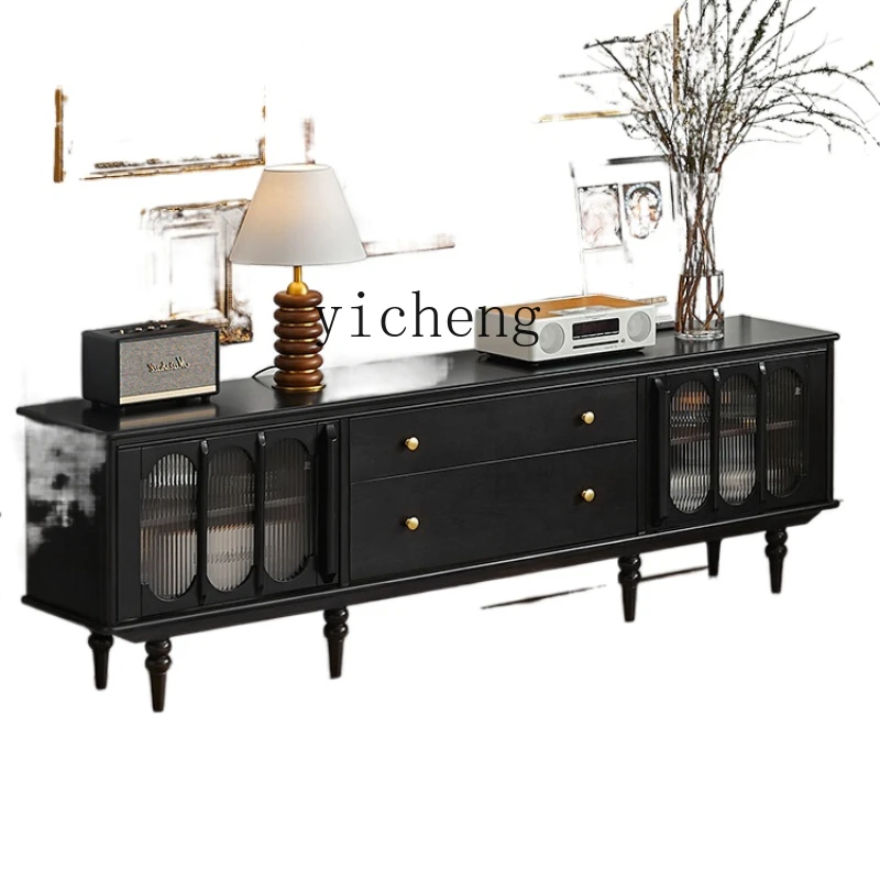 YY Solid Wood TV Cabinet French Retro TV Cabinet Living Room Black Coffee Table