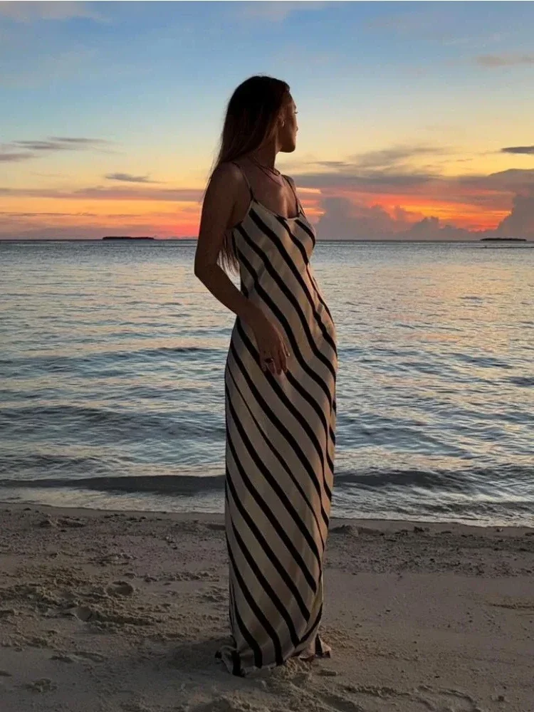 2024 Zebra Printed Elegant Halter Dresses Female Sleeveless Slim Loose Printed Striped Long Dress Women\'s Backless Maxi Dress