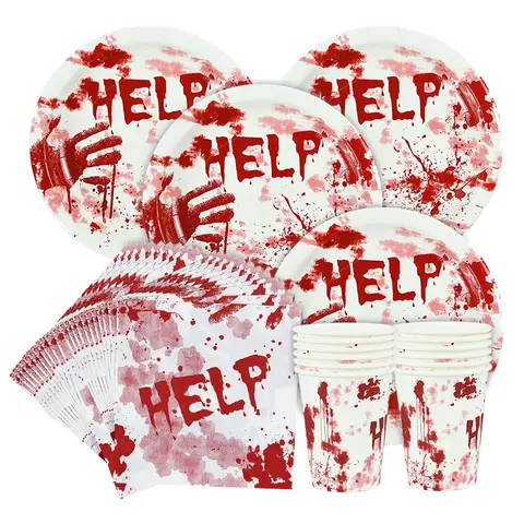 Horror Blood Handprint Halloween Party Paper Plate Cup Napkin Disposable Tableware Set Happy Halloween Decoration