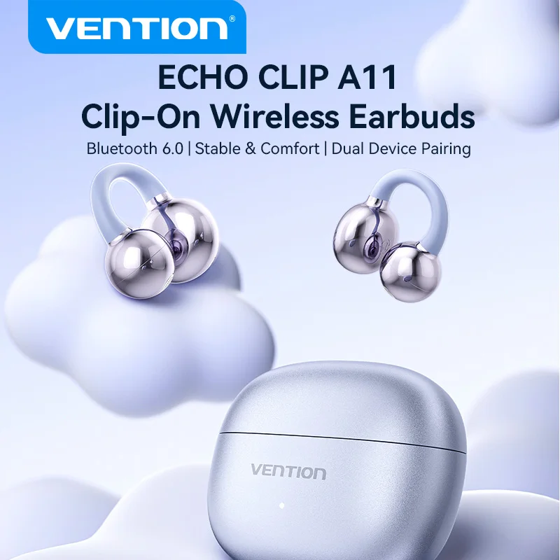 Vention ClipBuds Open-Ear Wireless Headphones Bluetooth 6.0 with 4 Mic Clear Call, Earbuds Clip on Earphones 25H Playtime