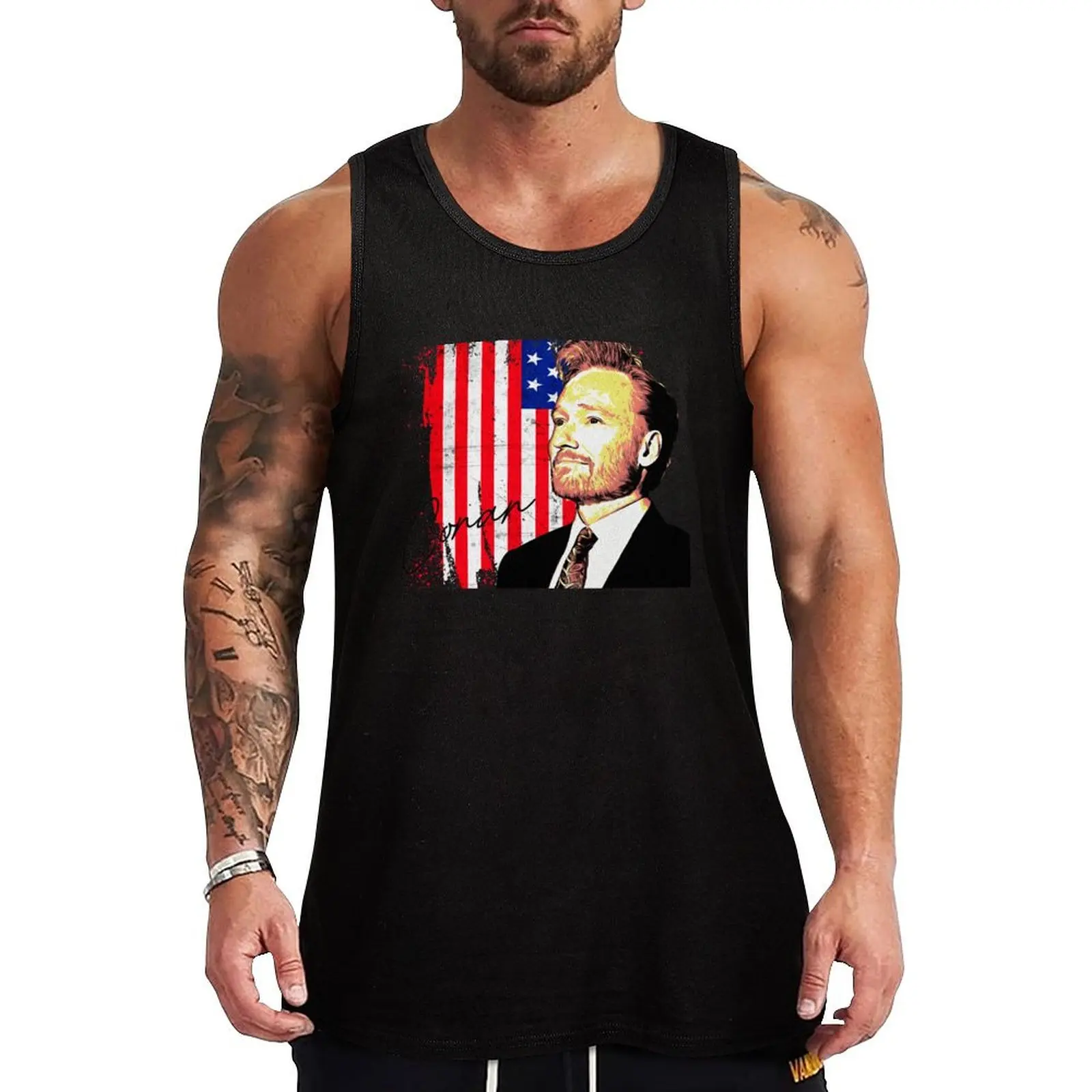 

conan o'brien conan o'brien american flag Tank Top sleeveless Men's gym articles Men's fitness t-shirt