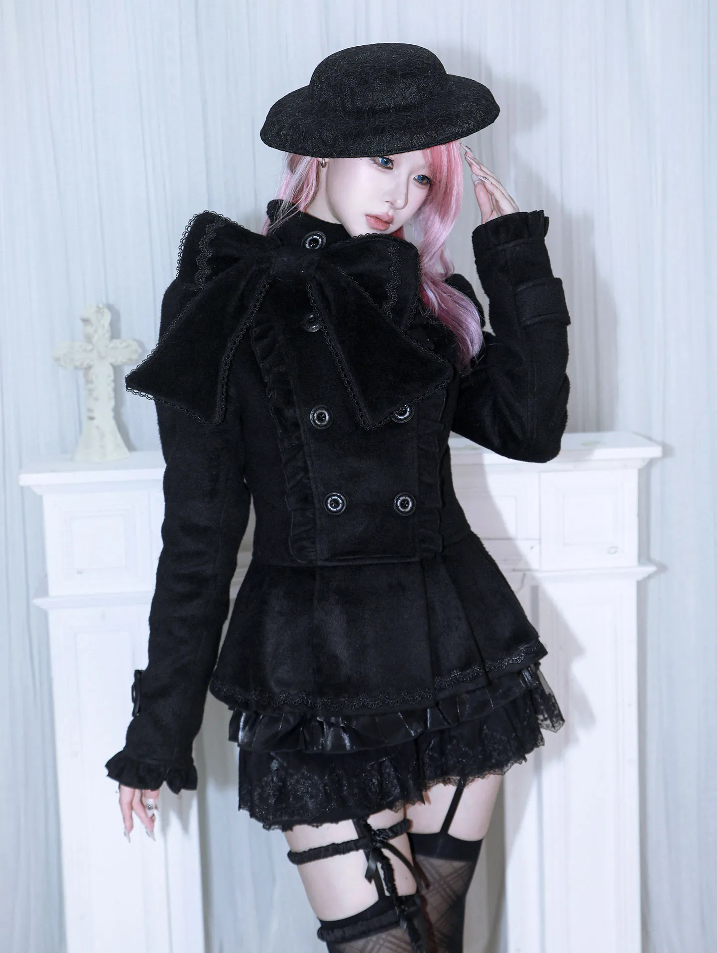 HBreaker  Original Brand Removable Big Bow Tie Cut Woolen Jacket Winter Kawaii Black Slim Hot Girls Coat Blends