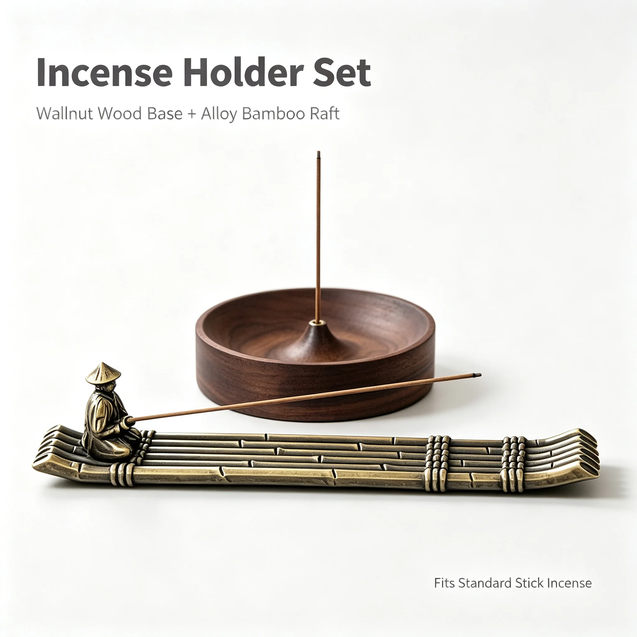 Fisherman bamboo raft alloy incense holder set with walnut base tray, perfect for tea table or desk decor, incense ash catcher