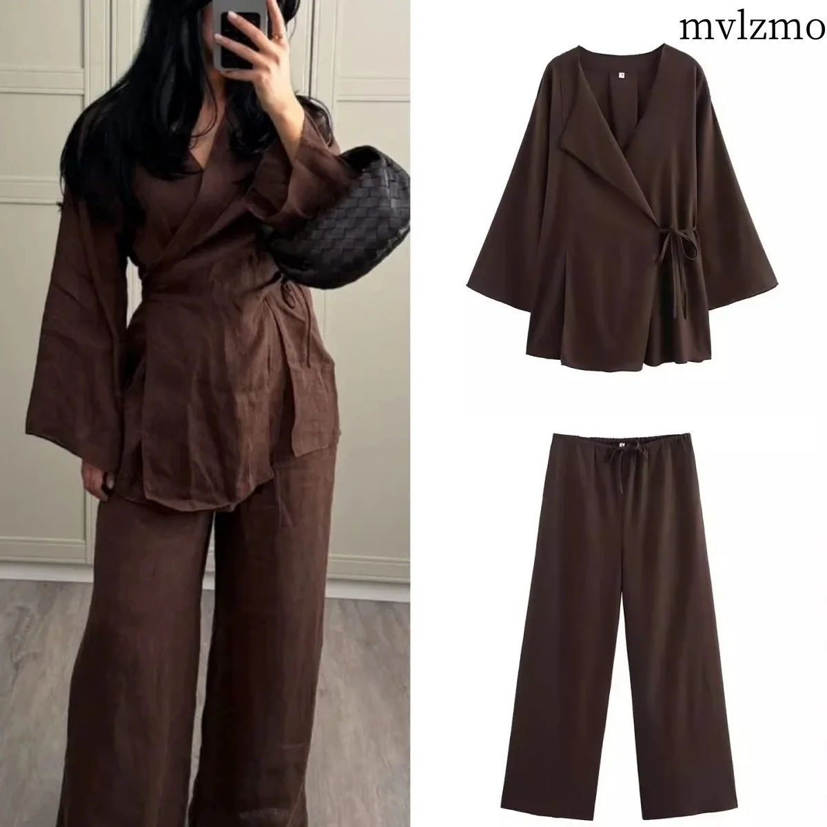 

Casual Linen Tie Women's Two Piece Lapel Long Sleeve Shirt Funky Women's Suit 2024 Spring Loose Drawstring Wide Leg Pants Set
