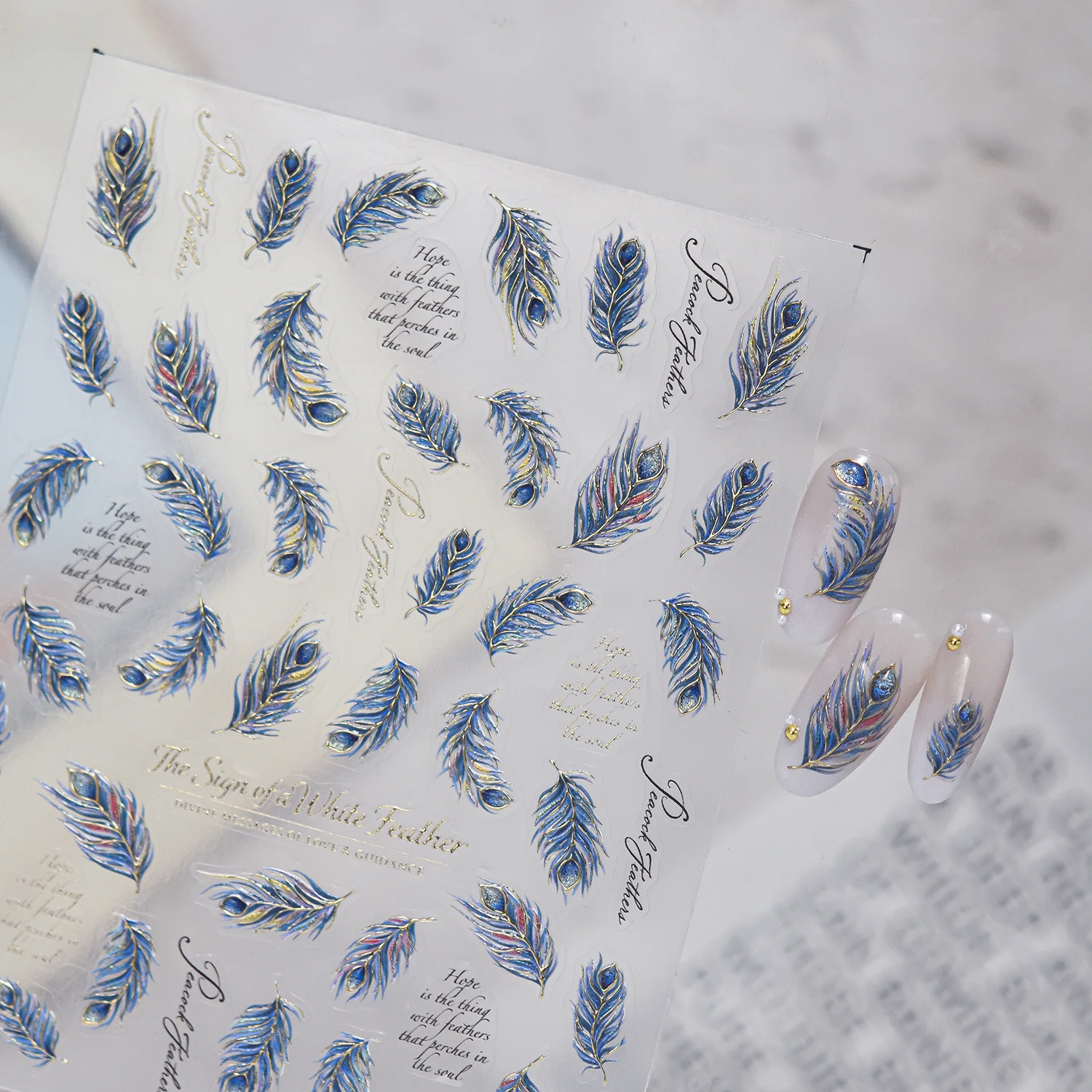 Blue Peacock Feather Nail Stickers Lightness Gold Gradient Colour Elegant Plume Self Adhesive Nail Sticker 3D Manicure Decal DIY