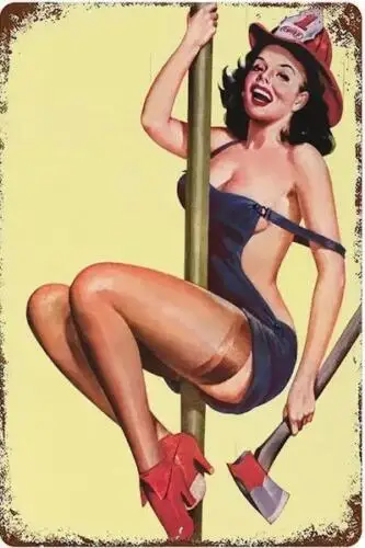 FIREFIGHTER PIN UP GIRL METAL TIN SIGN SEXY GIRL IN 1 CHIEF SLIDING DOWN POLE sign sign