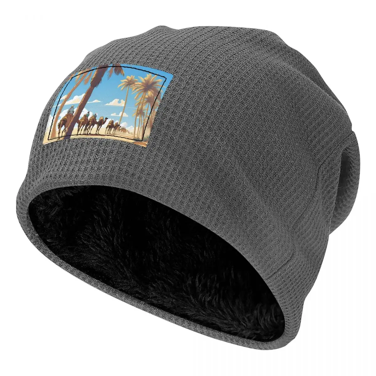 Caravan Under The Blue Sky Waffle Knit Fleece Lined Beanie with PU Leather Patch Unisex Warm Winter Soft Cap