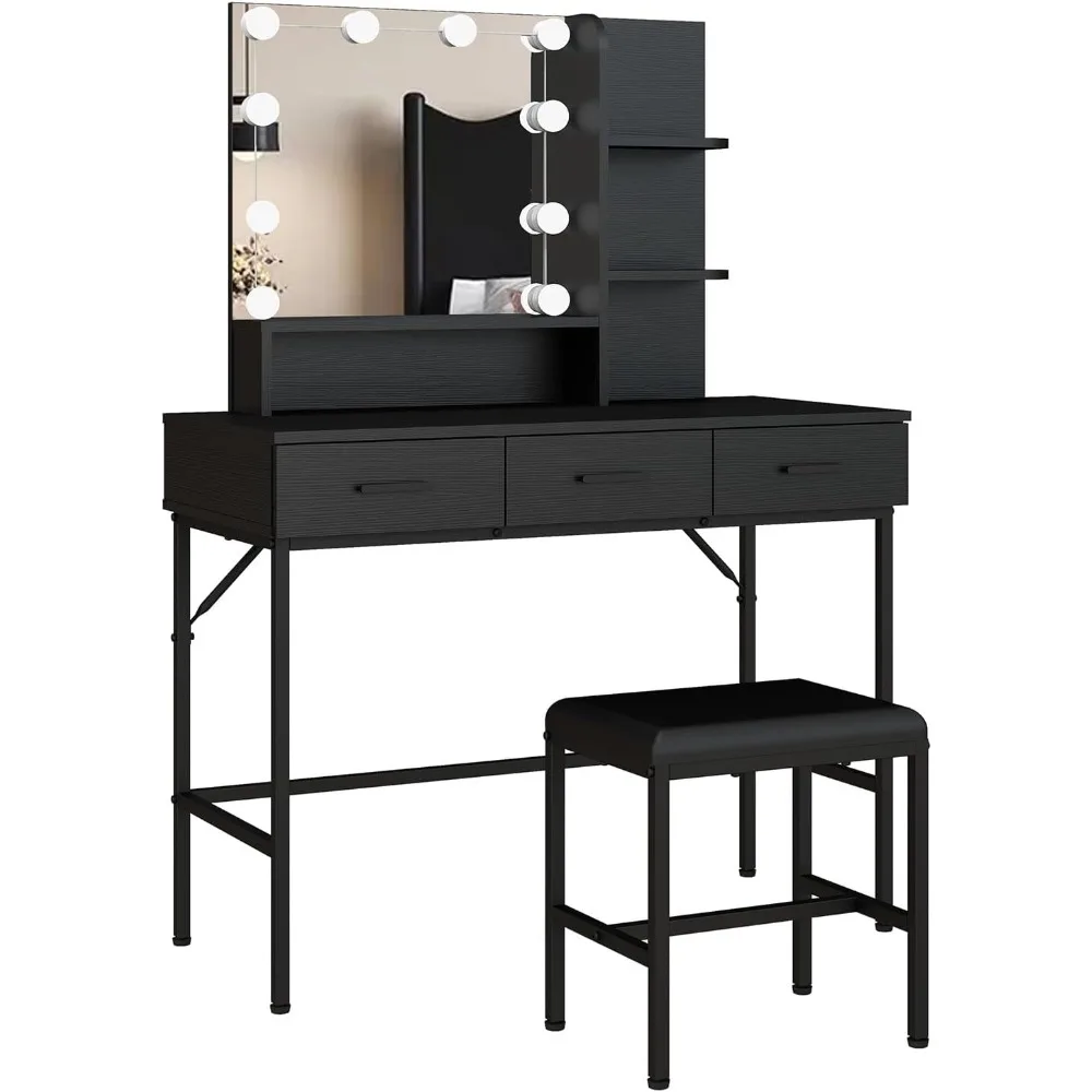 Vanity Table with Lighted Mirror, 3 Drawers Makeup Desk Dressing Table with Lots Storage Vanity Set with Wider Cushioned Stool f
