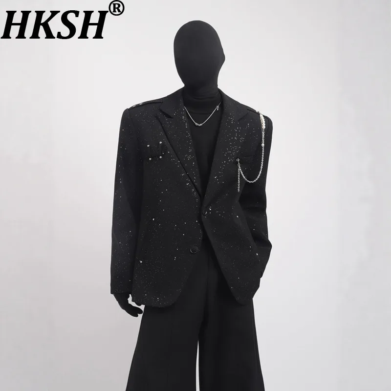 

HKSH Spring Autumn New Men Tide Niche Design Chain Rivet Blazer Trend Elegant Fashion Fit Casual Suit-Coat Chic Ins Punk HK15360