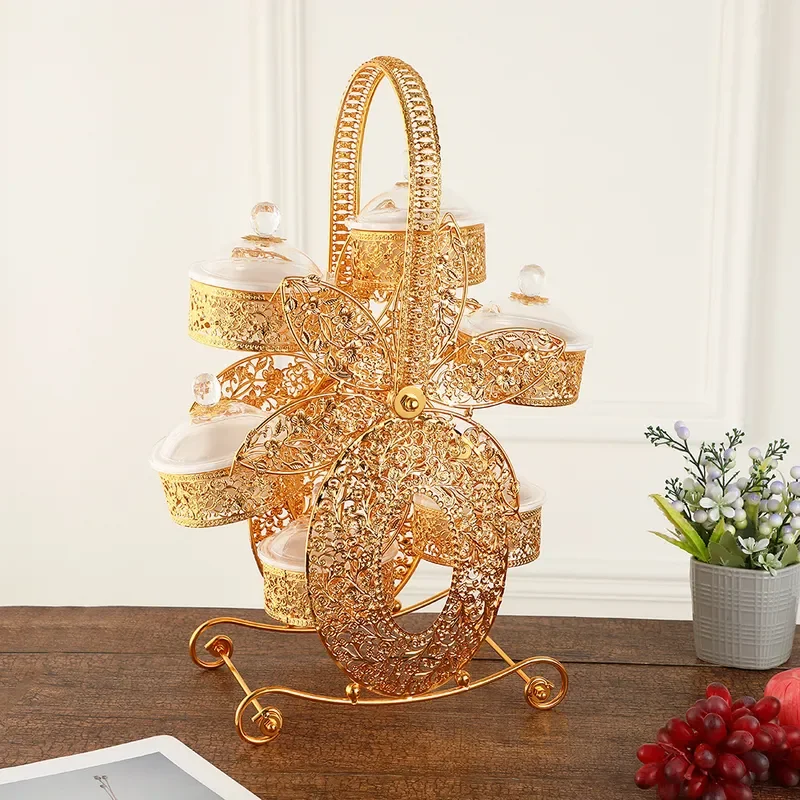 Rotating Wrought Iron Acrylic Fruit Plate With Lid European Style Windmill Design Creative Snack Box For Living Room Dried