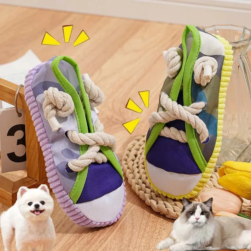 

Squeaky Dog Chew Toys for Aggressive Chewers Bite Resistant Canvas Shoes Knot Puppy Chewing Toy Teeth Cleaning Training