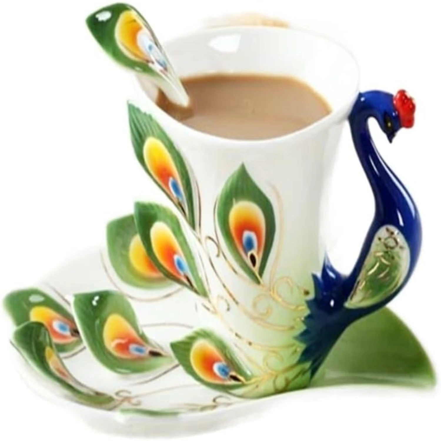 Beautiful and elegant personalized Chinese ceramic tea set featuring exquisite peacock tea cup and saucer, stunning coffee mug -