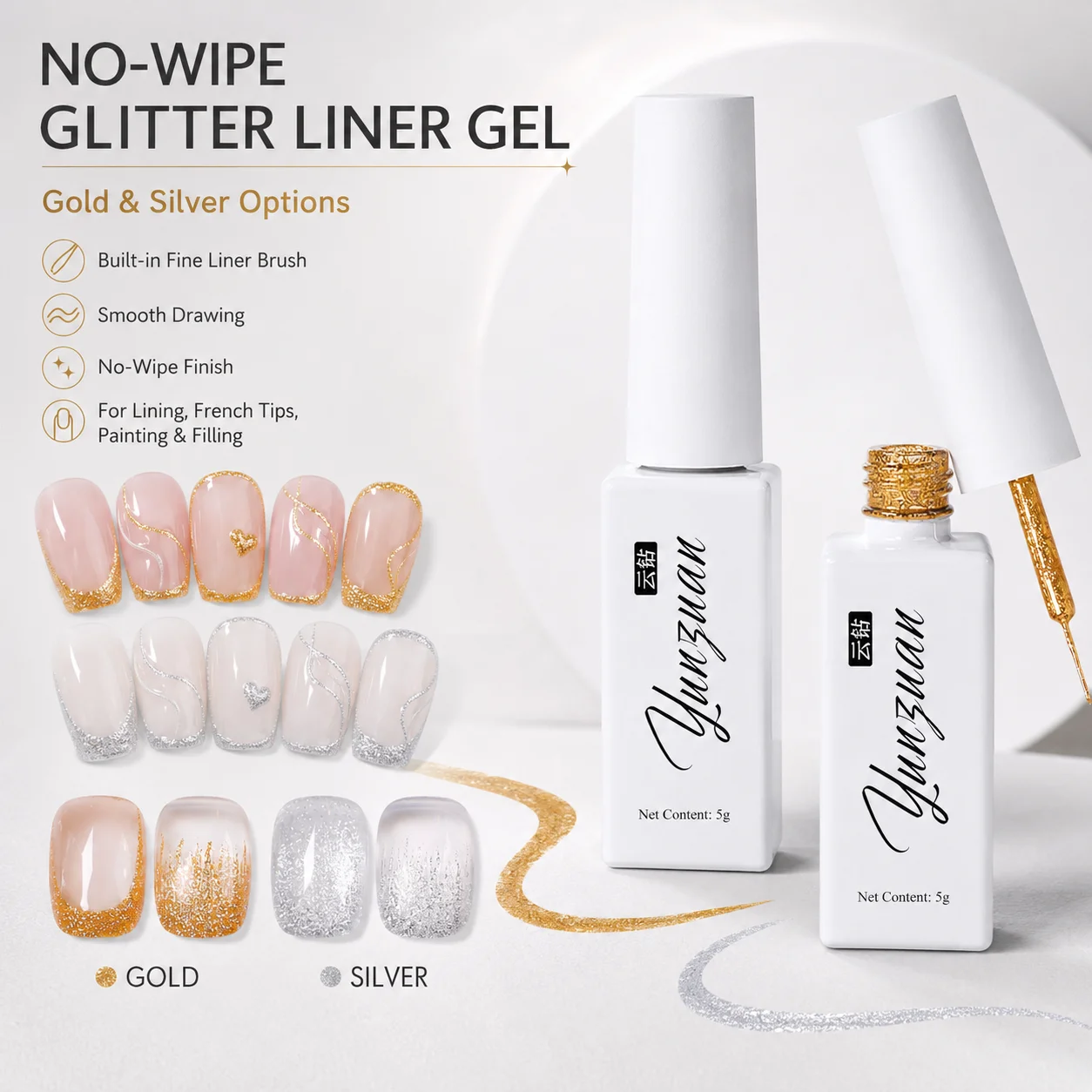Yunzuan 5g Gold Silver No Wipe Pulling Line Gel Glitter Nail Art Painting Liner Gel UV LED Manicure