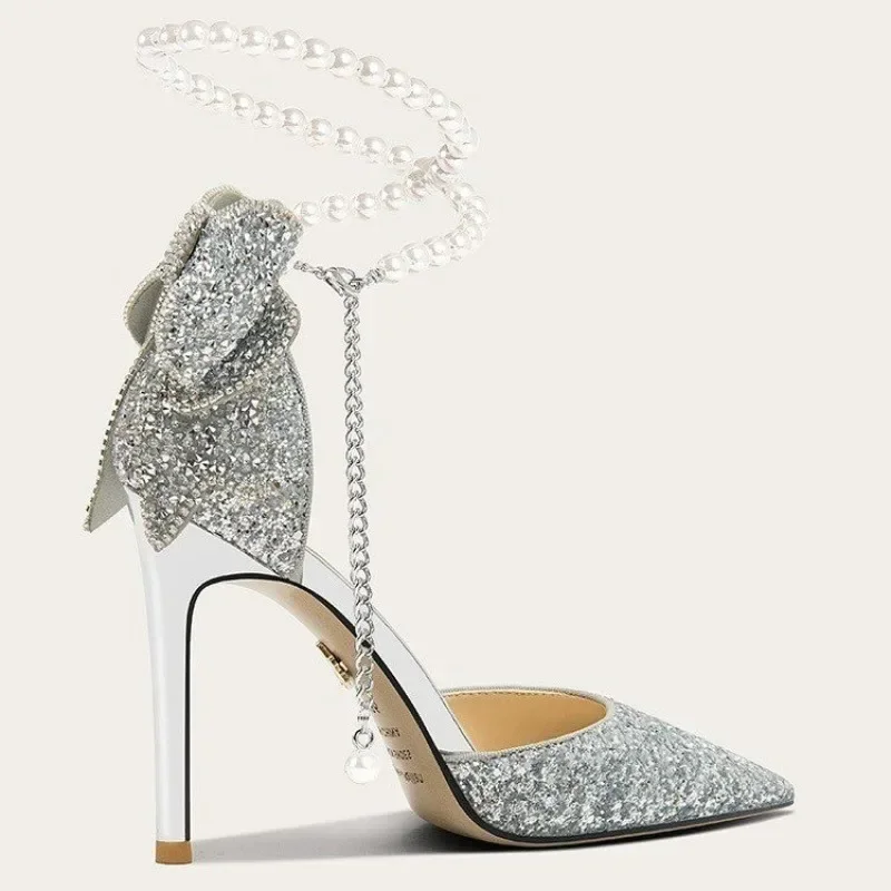 

French New Pointy Shallow Mouth Temperament Elegant Sequin Bow High Heels Women's Fine Heel Pearl Line with A Single Shoe