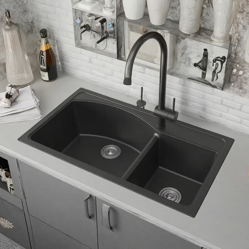 Black SMC Kitchen Sink Double Bowl Undermount Embedded Vegetable Basin Household Countertop Wash Basin for Modern Home Decor