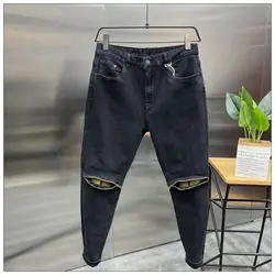 New Arrival Spring Autumn Casual Denim Slim Fit Jeans for Men with Knee Zipper Eye Designer and Vintage Black Jeans Men's Luxury
