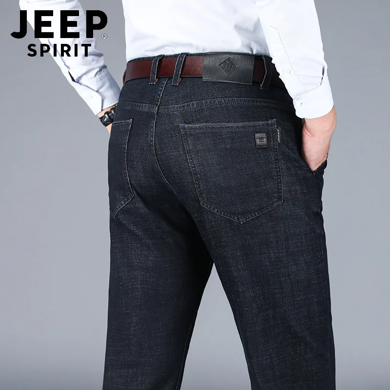 JEEP SPIRIT autumn and winter new men comfortable warm jeans casual loose thickened large size business straight denim trousers