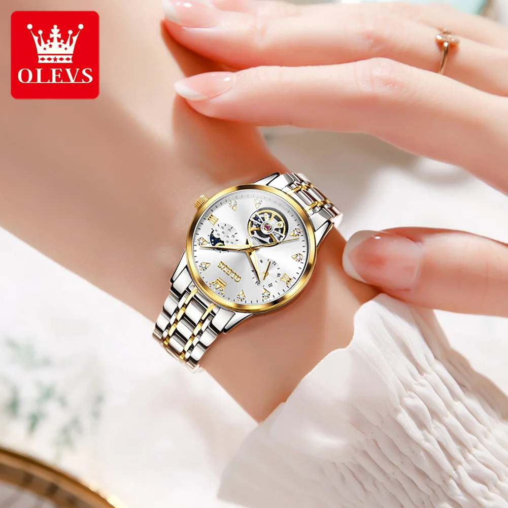 OLEVS Automatic Watch for Women Waterproof Luminous Skeleton Original Automatic Mechanical Elegant Women\'s Watches Set Gidt