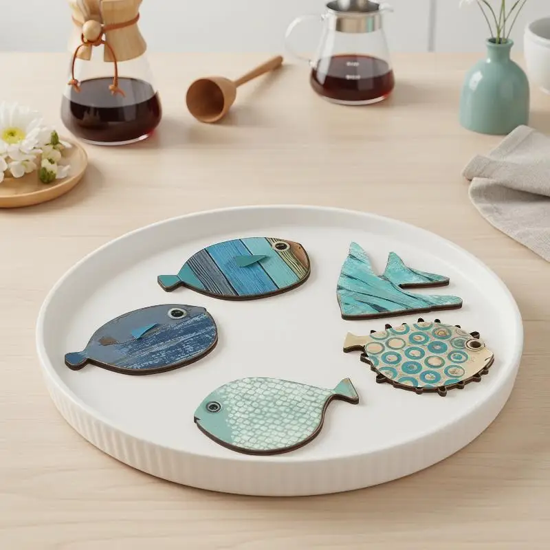 6pcs/set 2D Fish-Shaped Wooden Coasters Anti-skidding Heat-Resistant Beach-Themed Kitchen Decoration Maritime Style Coffee Shop