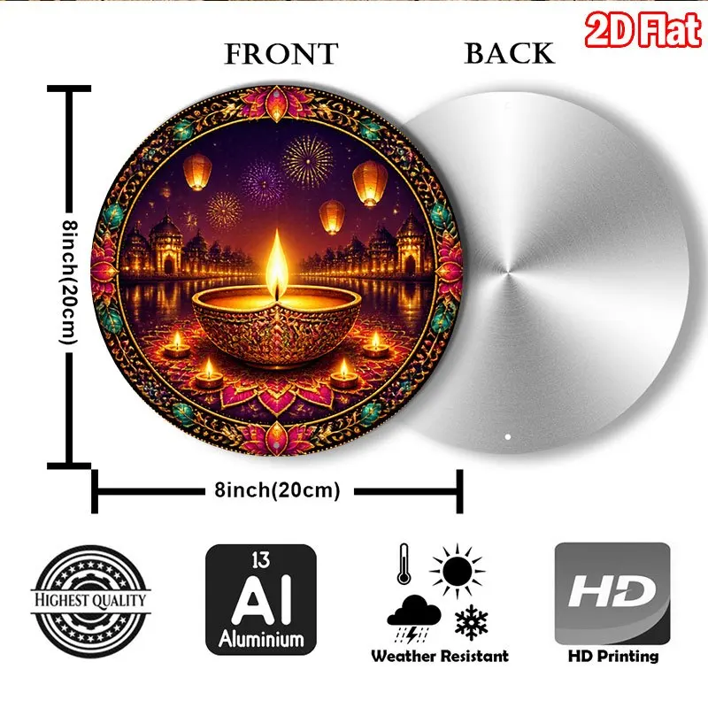 CIFBUY Retro Happy Diwali Oil Lamp Lotus Aluminum Wall Art Waterproof Wearproof Home Porch Yard Room Decor Gift