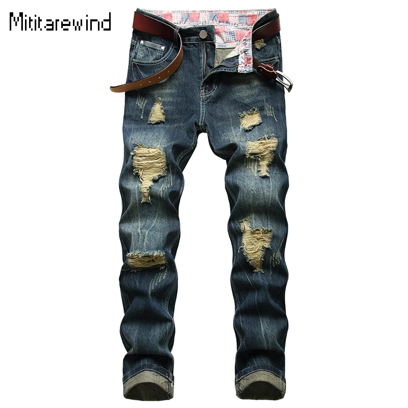 

High Street Jeans for Men Wash Retro Casual Denim Pant Cotton Mid Waist Dark Blue Ripped Jeans Fashion Versatile Y2k Streetwear