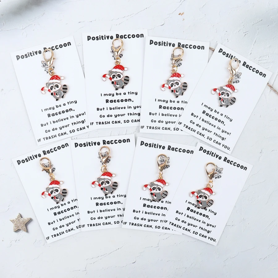 5 Pieces/8 Pieces of Cute Raccoon Keychains, with Positive Raccoon Greeting Cards, Animal-Themed Pendants, Miss-You Gifts, Christmas Support Gifts. Small Animal Pendant for a Friend, for Raccoon Enthusiasts.