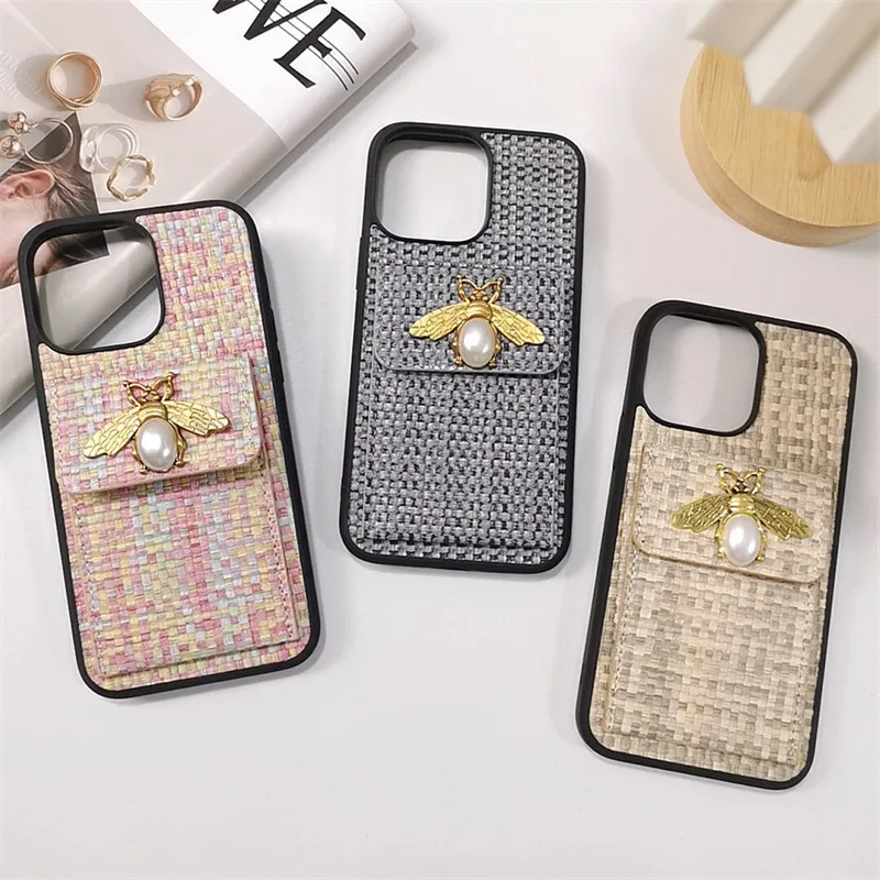 

Woven Pattern Coin Purse Card Package Pearl Bee Phone Cover Case For Iphone 14 13 12 X 11 Pro Max Xr Luxury Leather Coque Fundas