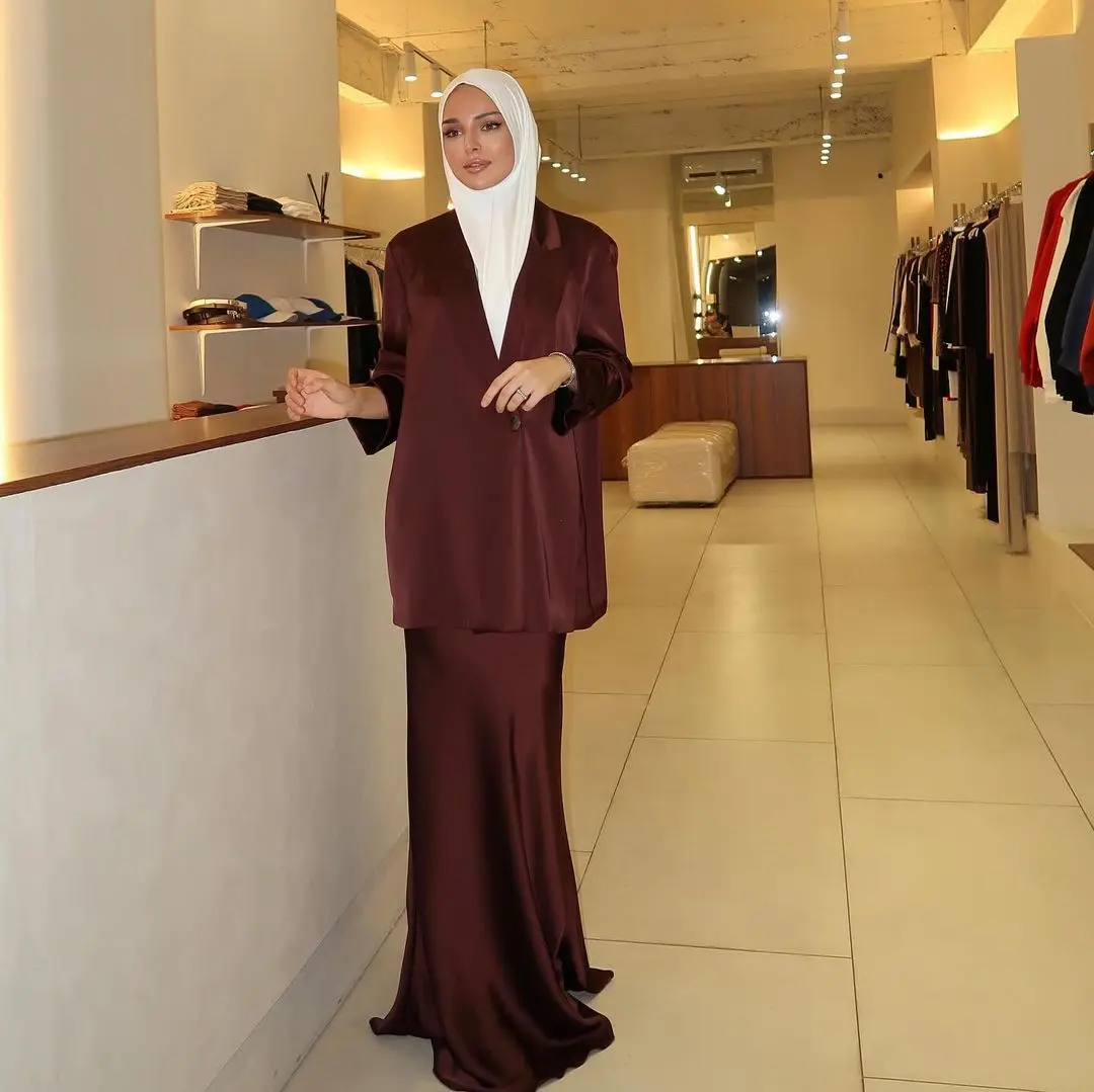 

Комплект для женщин к Ид: атласная блузка и юбка, 2 предмета, однотонные рубашки с длинным рукавом, арабские мусульманские костюмы из Дубая, 2025