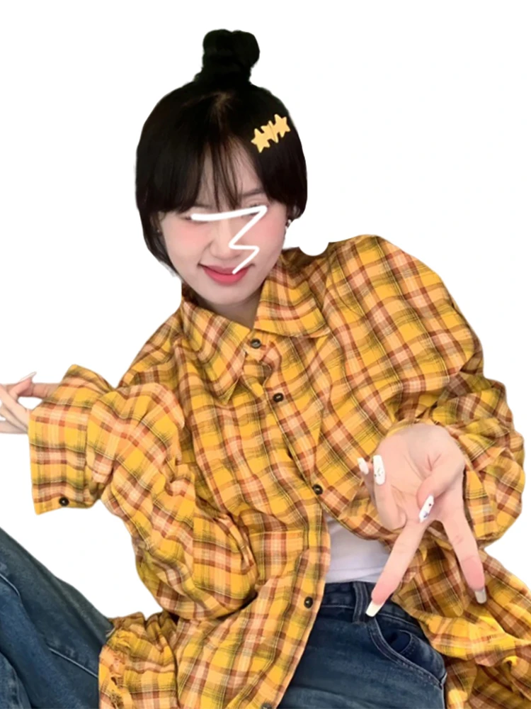 เสื้อเชิ้ตลายสก็อตสีเหลืองสำหรับฤดูใบไม้ร่วงต้น รุ่นใหม่สำหรับฤดูร้อน ผ้าบาง ป้องกันแสงแดด ทรงหลวม แขนยาว สไตล์หวานแบบญี่ปุ่น