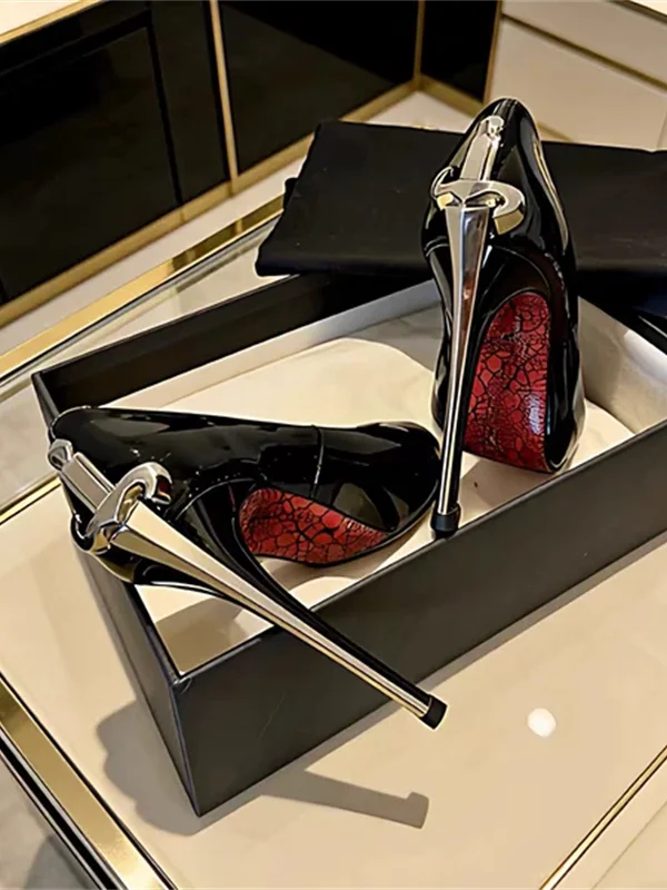 Sexy Metal High Heels Comfortable Black Pointed Toe Red Bottom Single Shoes Women's Fashion Fall Season Slip-On Anti-Slip Rub...