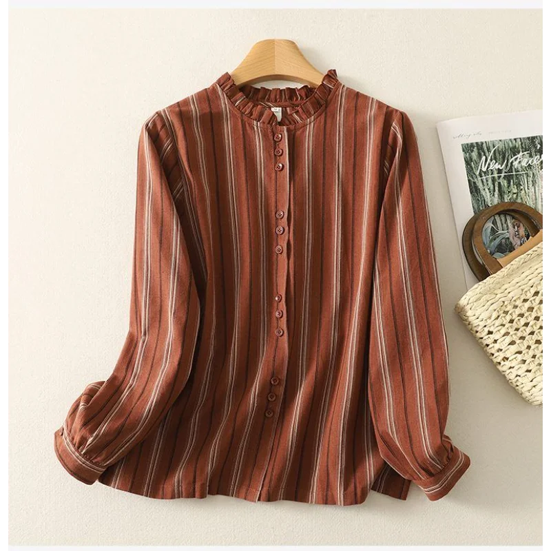 

Литературная ретро-полосатая рубашка контрастного цвета с длинным рукавом, женская свободная повседневная рубашка с воротником-стойкой в виде грибка