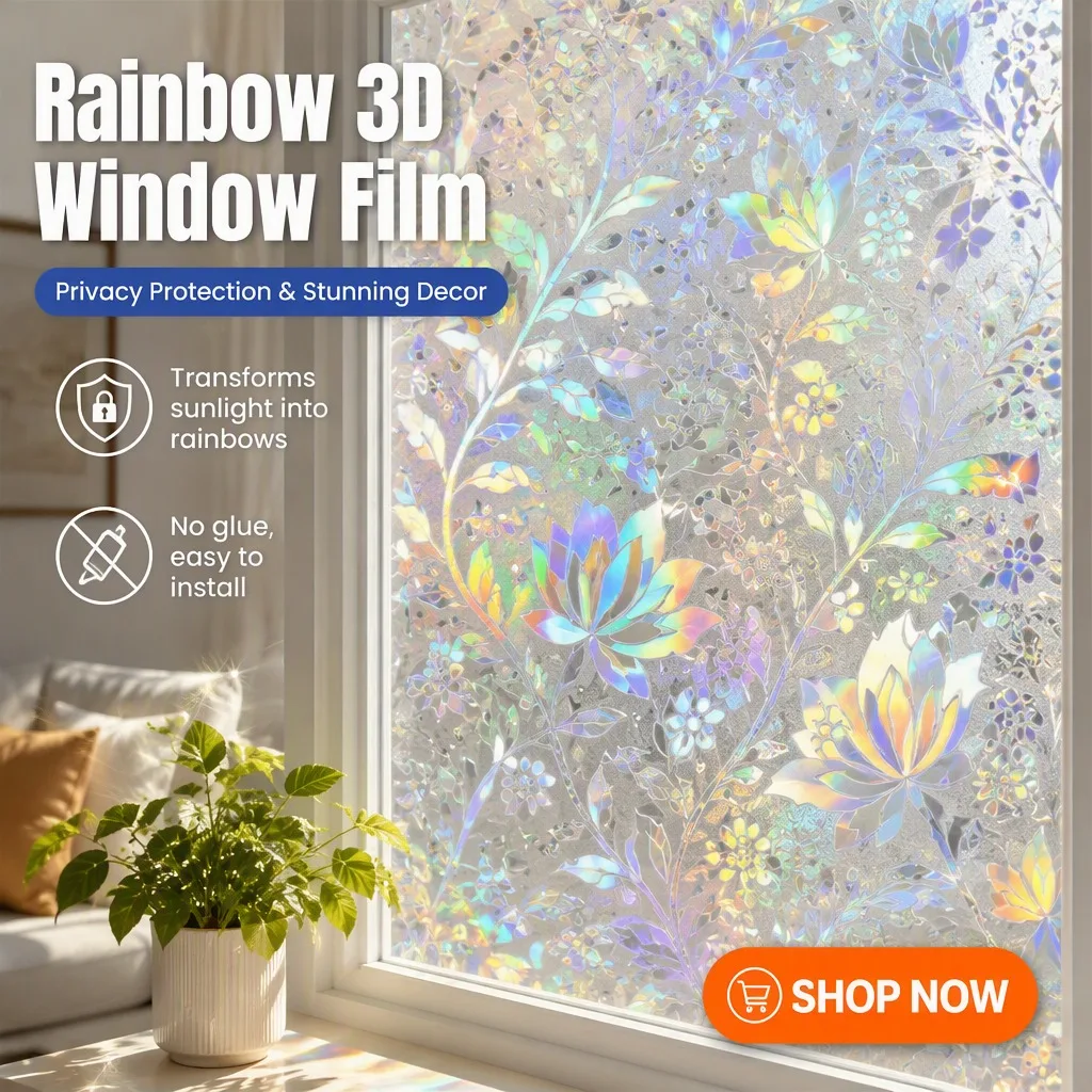 Tulip Floral Stained Glass Privacy Window Film Colorful Sun Block Heat Control Static Cling Removable for Home Office Glass