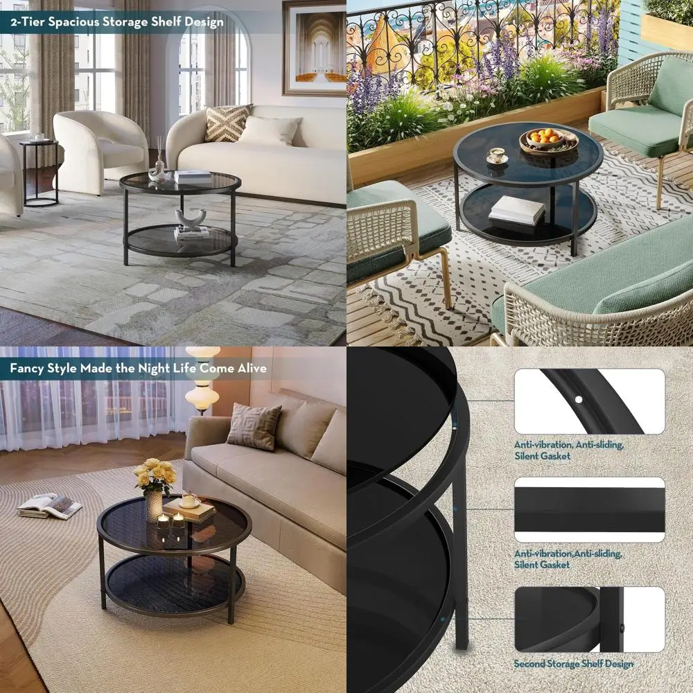 

Round 27.6 Black Glass 2-Tier Coffee Table with Storage for Small or Large Spaces, Suitable for Home, Office, Living Room, Easy
