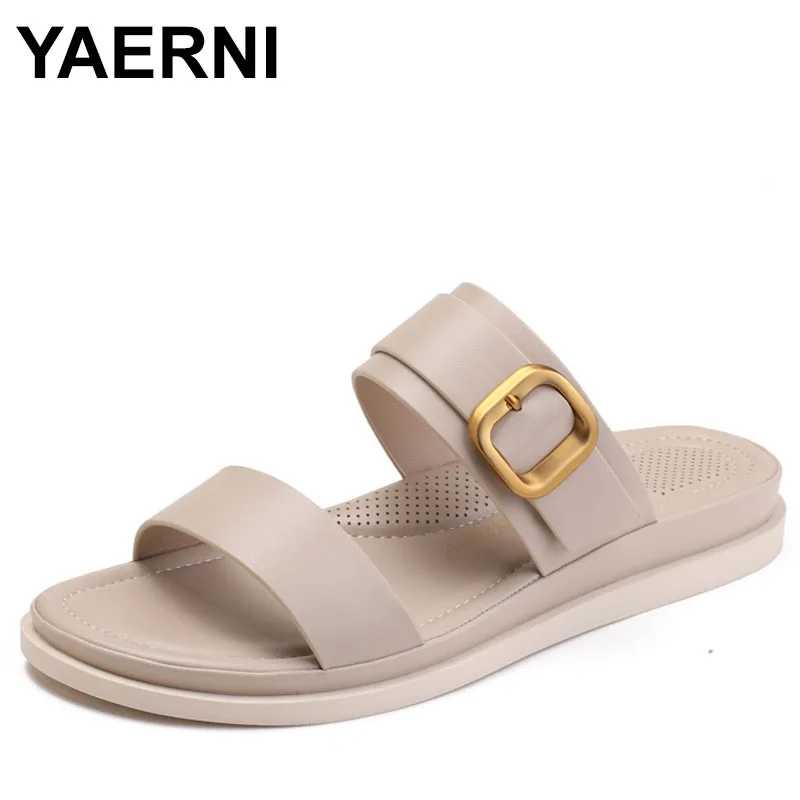 

Summer Beach Slippers for Woman Casual Outdoor Red Buckle Strap Female Flat Shoes Soft PU Leather Chic Ladies Slides