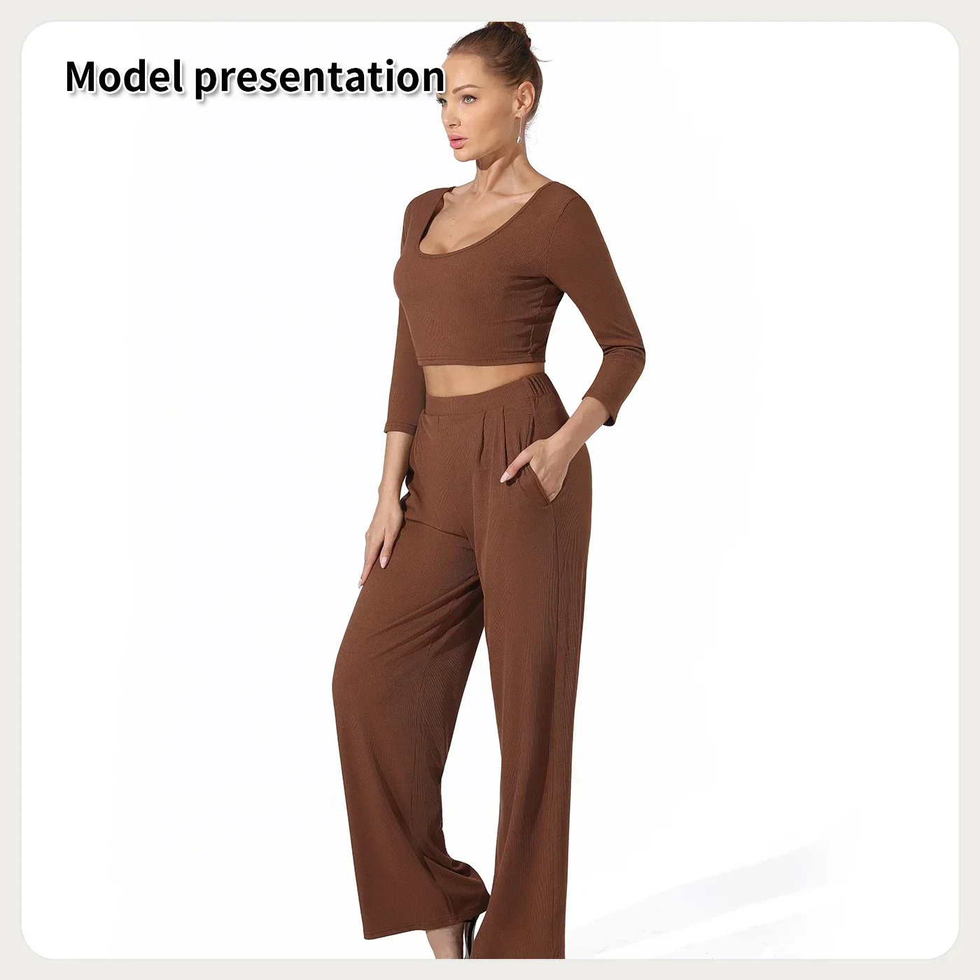 Women's Fashion Matching Sets Long Sleeve Solid Color Tops Wide Leg Pants 2PCS Casual Sports Fitness Tracksuits Suits 2024