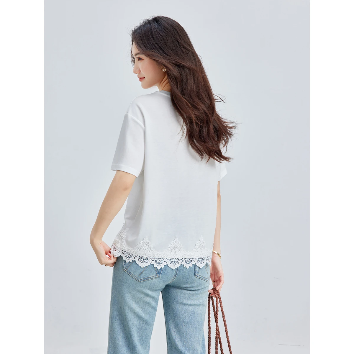 VIMLY French Simple White Short Sleeve Tee Women 2026 Summer Shell Pocket Lace Hem Loose Casual Mid-Length Knit T-shirt A6228