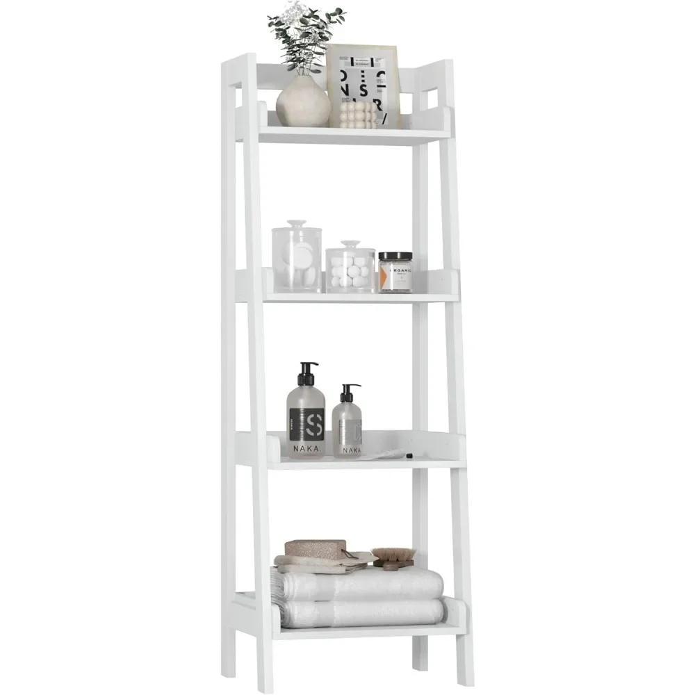 4-Tier Ladder Shelf, Bathroom Shelf Freestanding, 4-Shelf Spacesaver Open Wood Shelving Unit, Ladder Shelf (White)