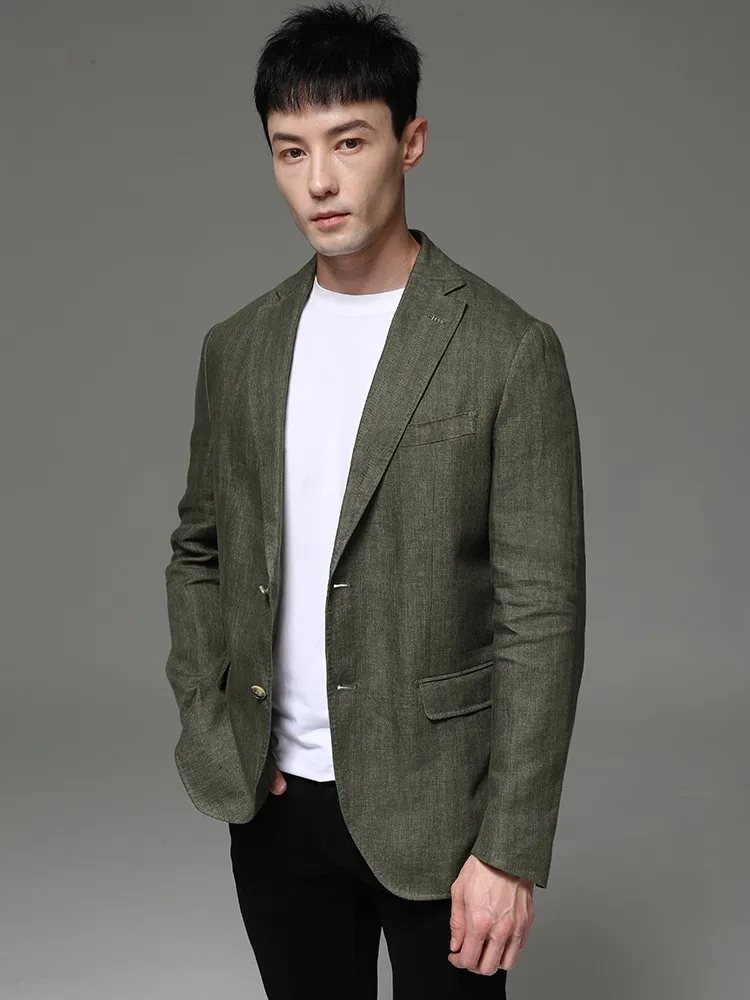Fashion Mens Single Breasted Two Button Linen Blazers Slim Fit Spring Autumn Business Casual Gentleman Suit Jacket Outerwear