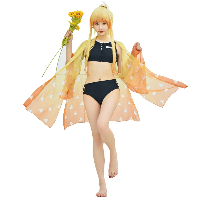 مجموعة بيكيني سوداء للنساء من Miccostumes بتصميم الرسوم المتحركة اليابانية أنيمي بما في ذلك قيعان علوية مع غطاء كيمونو هاوري