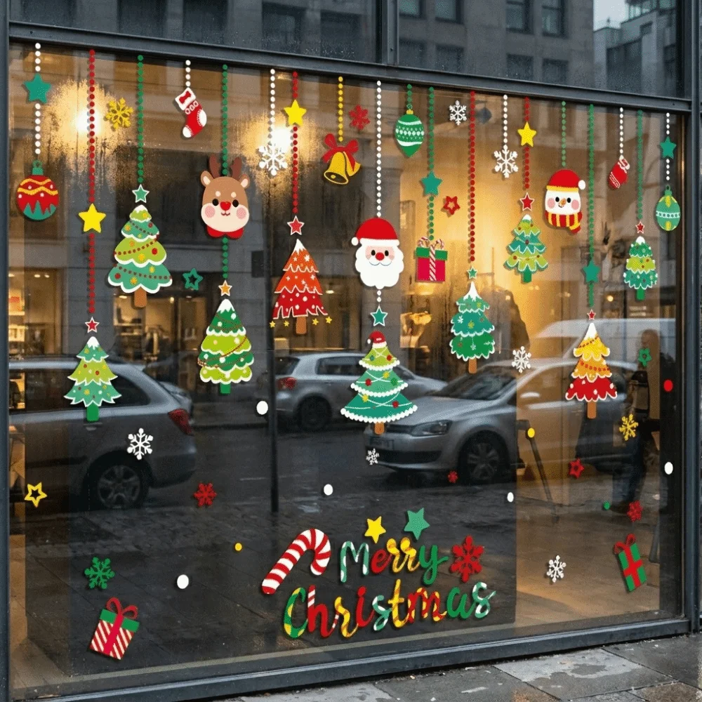 No Glue Christmas Window Stickers Reusable Static Cling Xmas Glass Door Decorations No Adhesive Double-Sided Printed