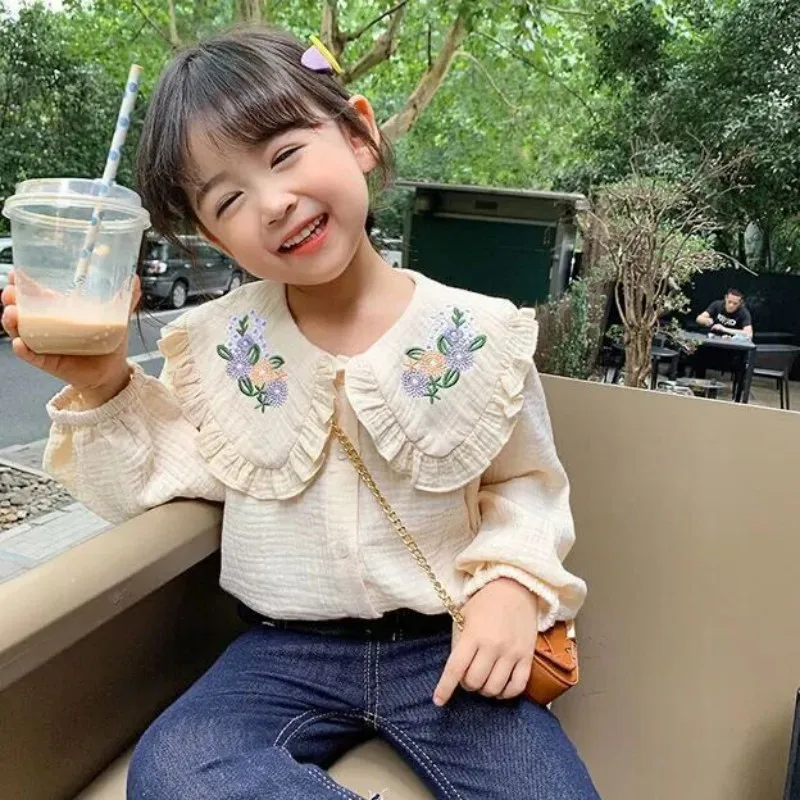 Girl's Baby Collar Shirt Spring and Autumn 2024 New Children's Korean Style Embroidered White Shirt Little Girl's Top