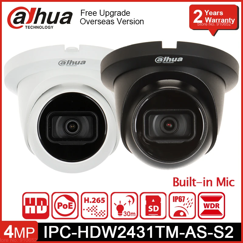 Dahua IPC-HDW2431TM-AS-S2 4MP Dome Camera Security IR 30m Built-in Mic H.265 POE SD Card Slot Indoor Eyeball IP Camera Starlight